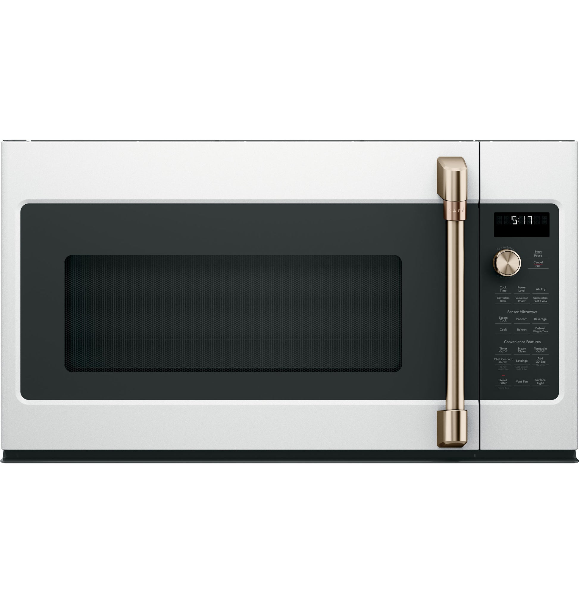 White over-the-range convection microwave with large window, digital display, dial control, and bronze handle from kitchen appliances collection