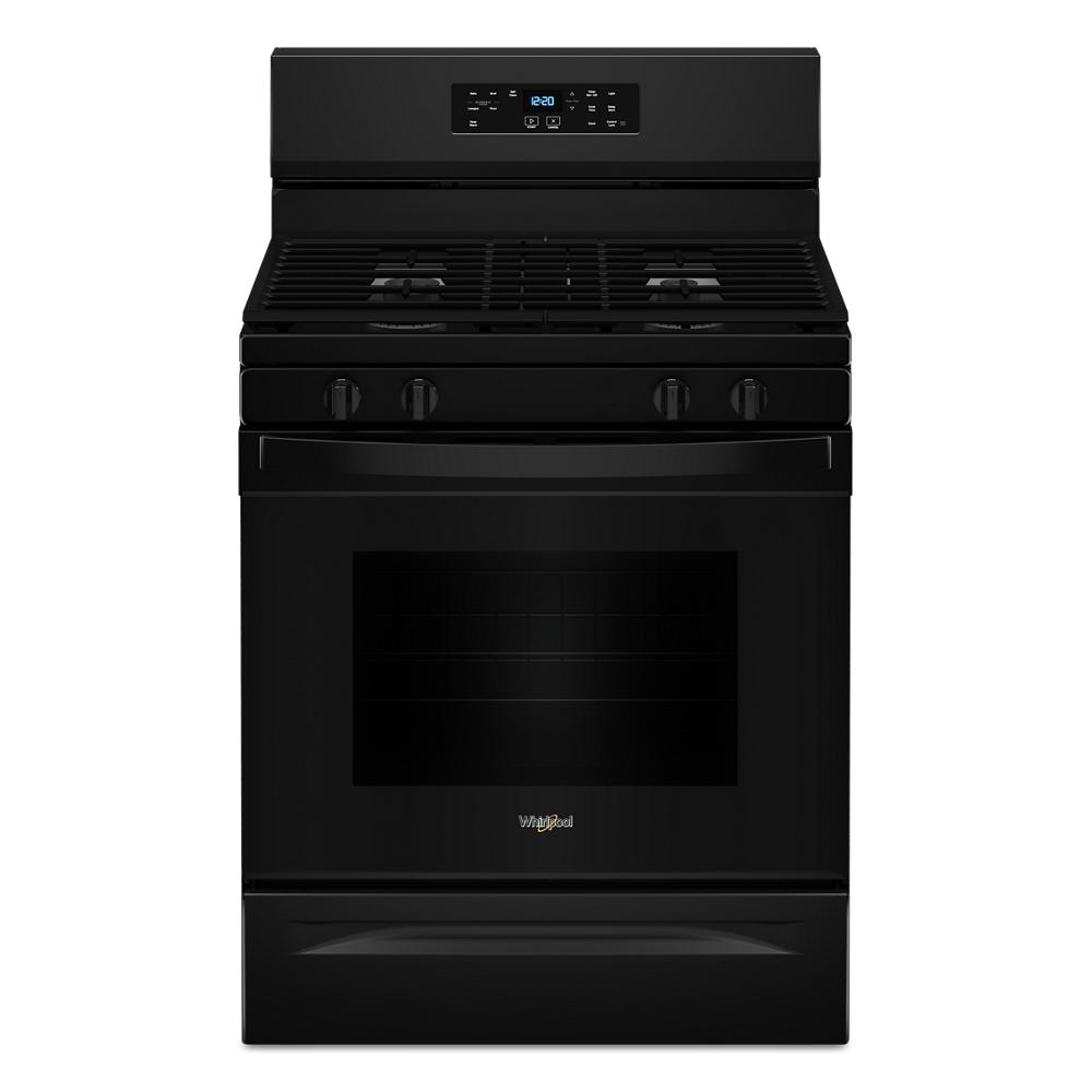 Front view of black 30-inch gas range with digital control panel and four burner cooktop from kitchen appliances collection