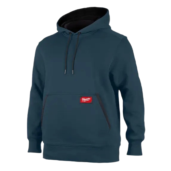 Navy blue pullover hoodie with stretch fabric, adjustable hood, front pouch pocket, and red Milwaukee logo patch for women