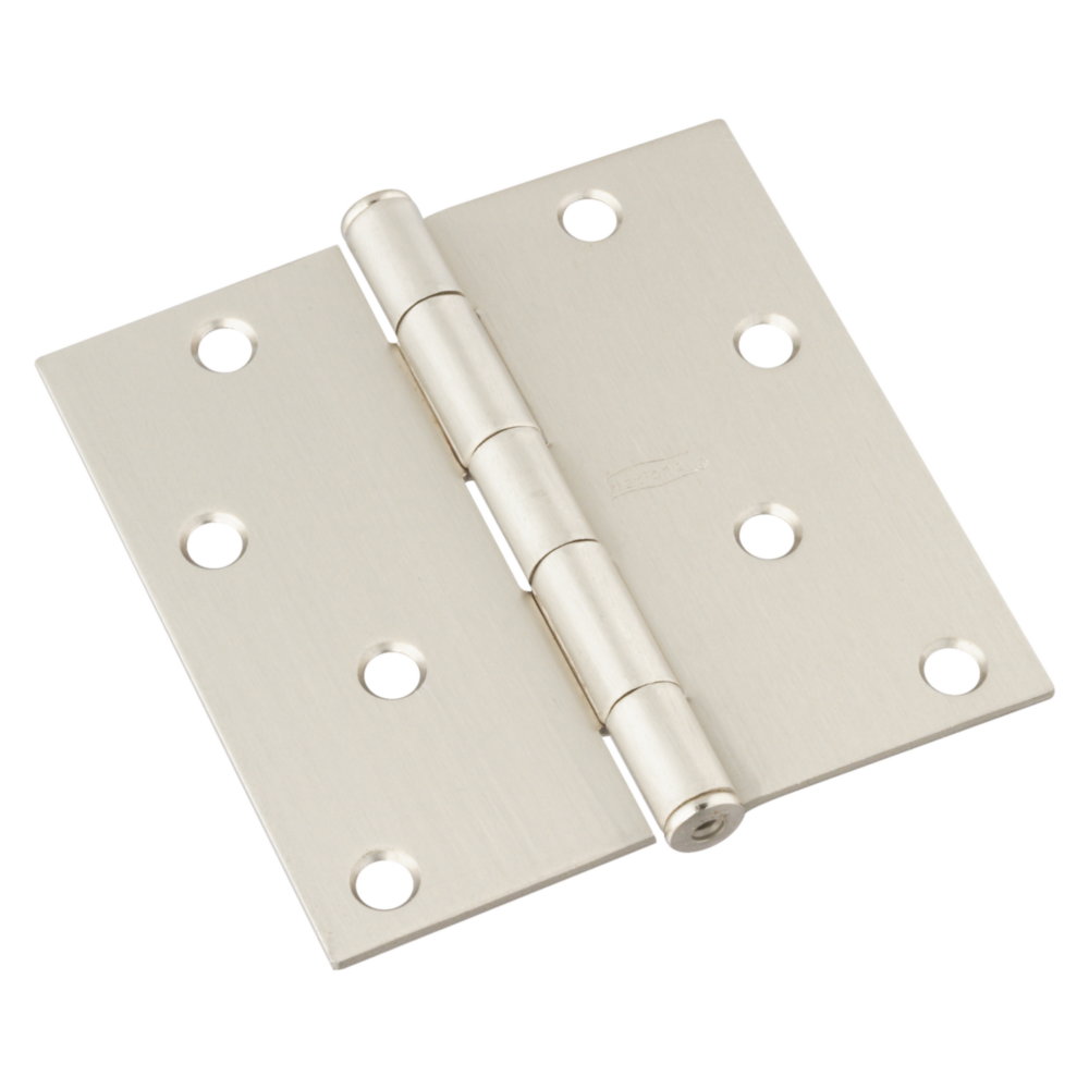 4-inch square satin nickel door hinge with removable pin for residential door hardware and home improvement collections