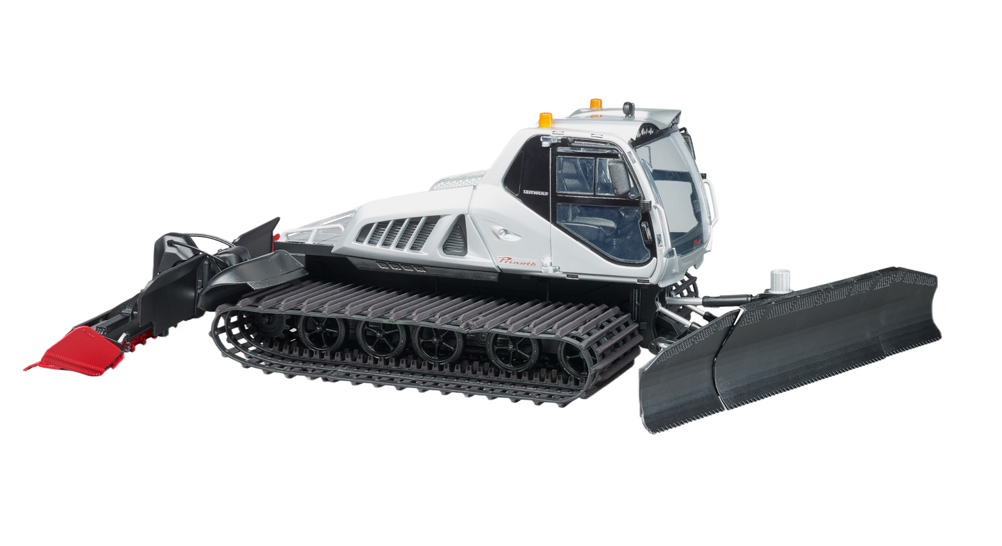 Compact snow grooming machine model with tracked wheels and front plow blade for snow management tasks