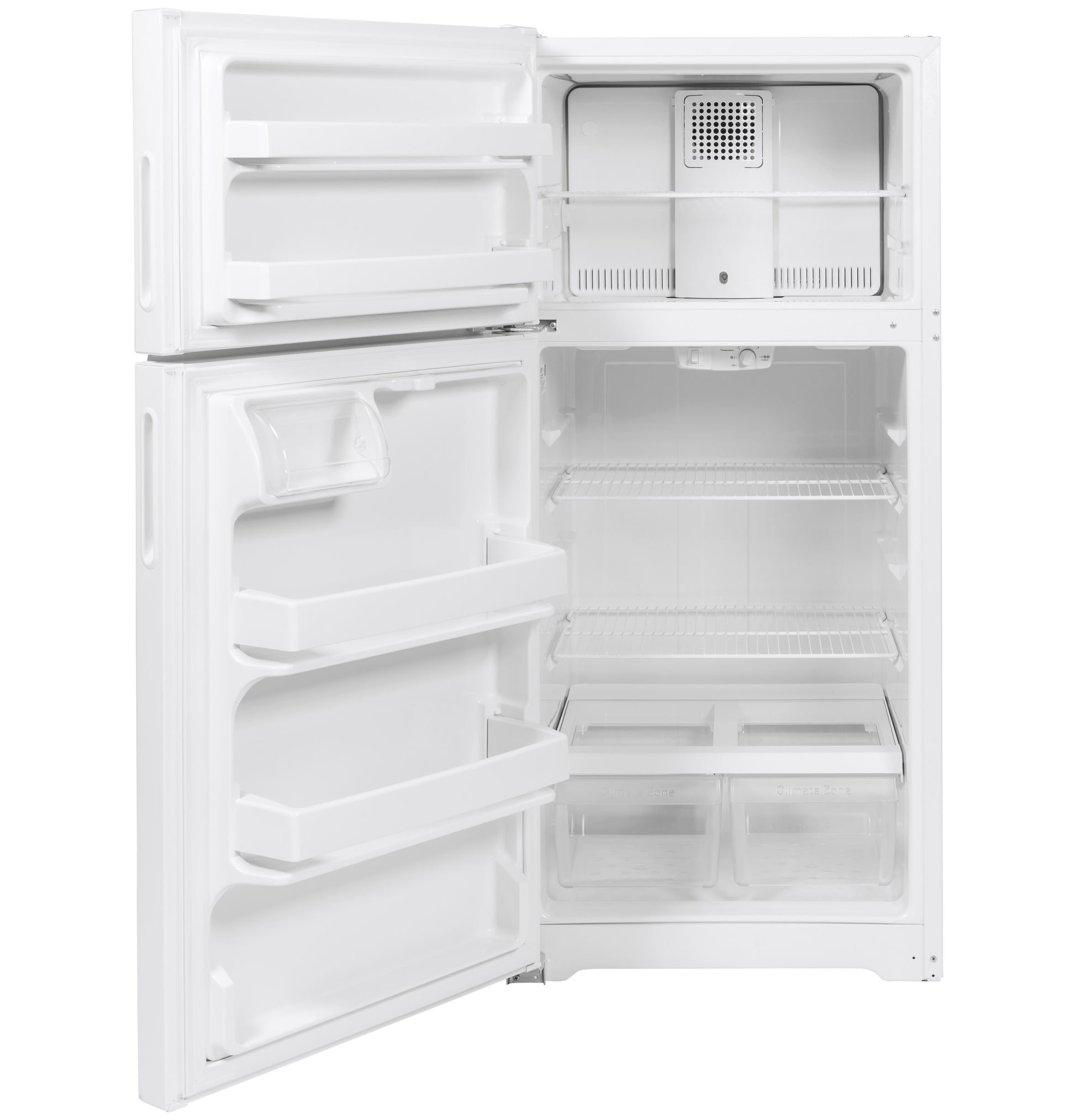 Open white top-freezer refrigerator with recessed handles and adjustable shelves in kitchen appliances collection