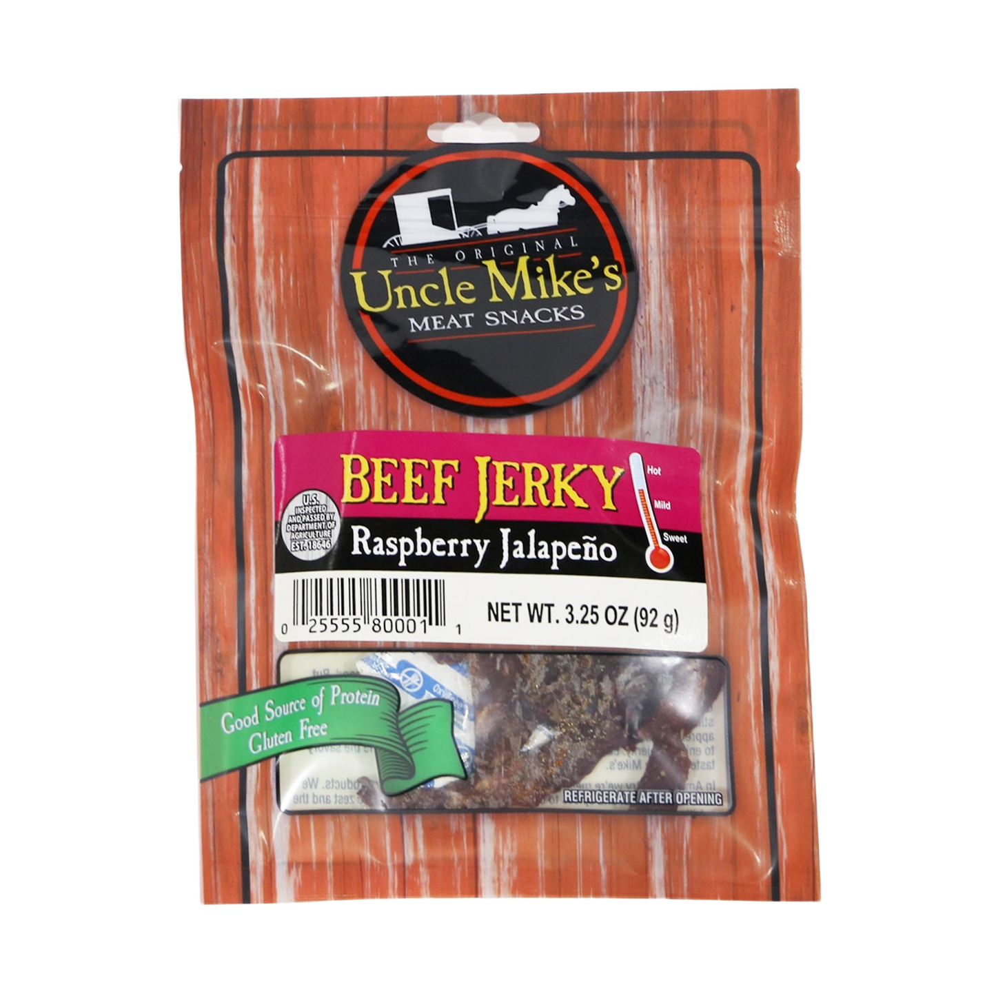 Package of Uncle Mike’s raspberry jalapeno beef jerky snack with gluten-free label for food and beverage collection