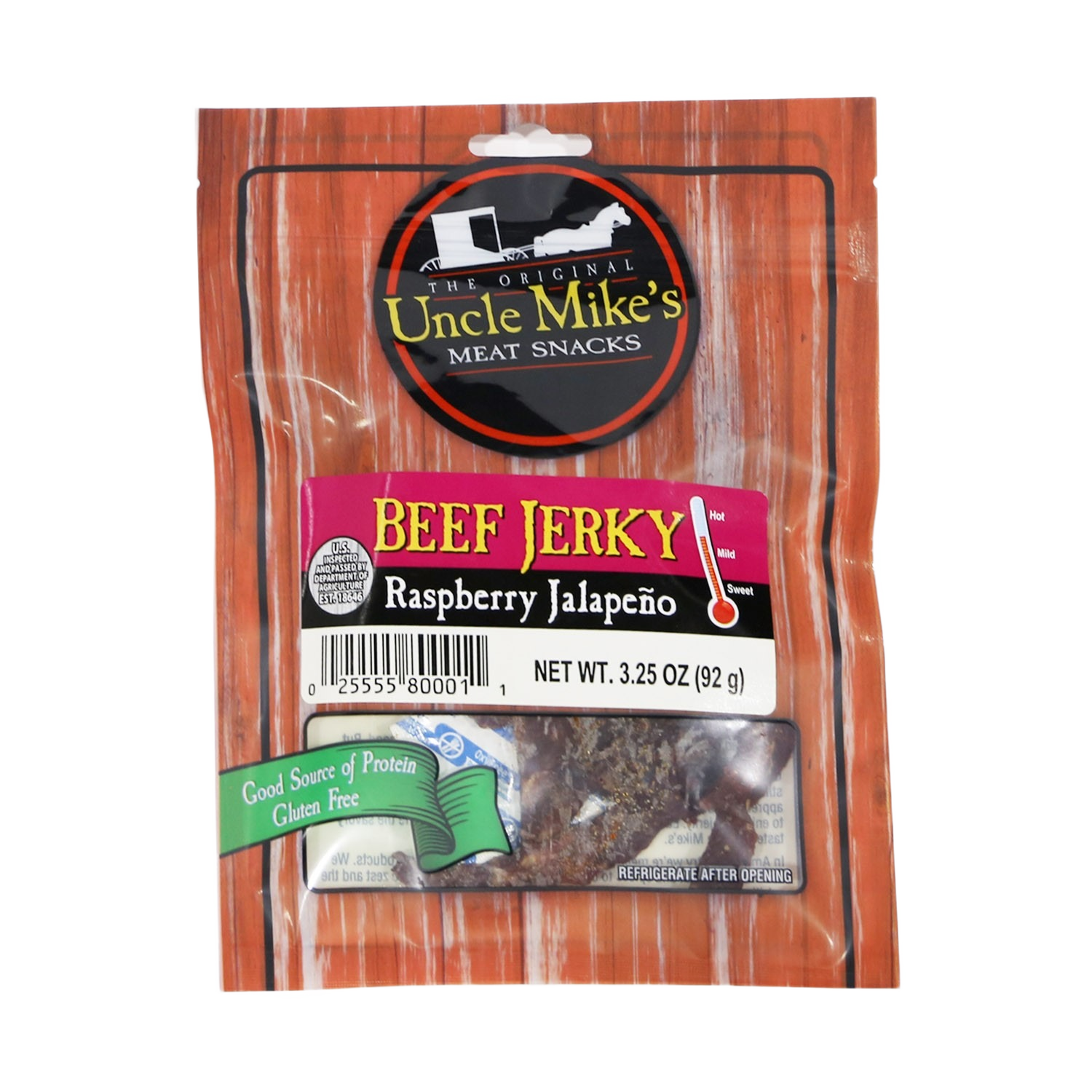 Package of Uncle Mike’s raspberry jalapeno beef jerky snack with gluten-free label for food and beverage collection