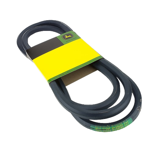 Black rubber V-belt with green and yellow John Deere branded packaging for tools and home improvement use