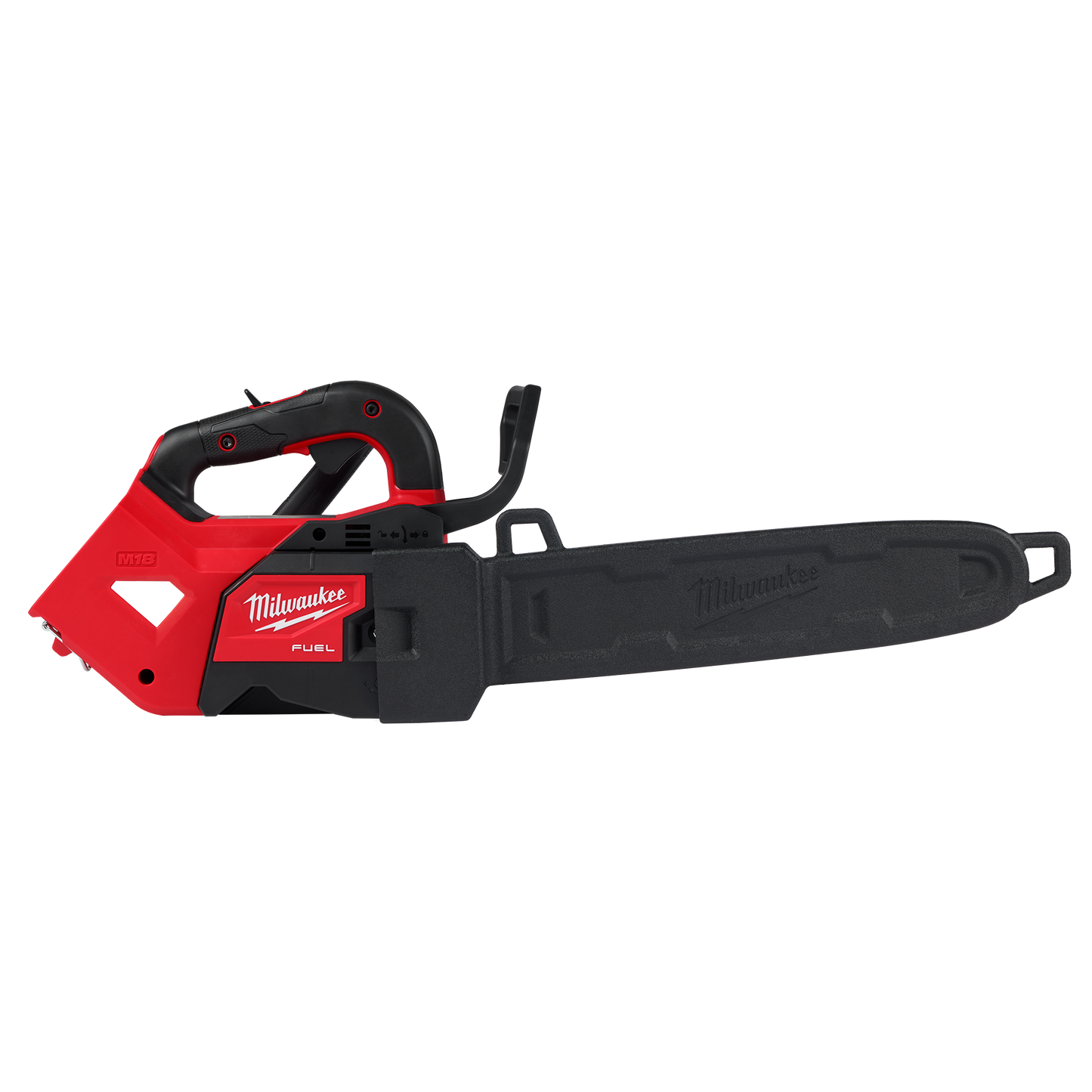 Red and black cordless top handle chainsaw with 14-inch bar designed for home improvement and outdoor cutting tasks