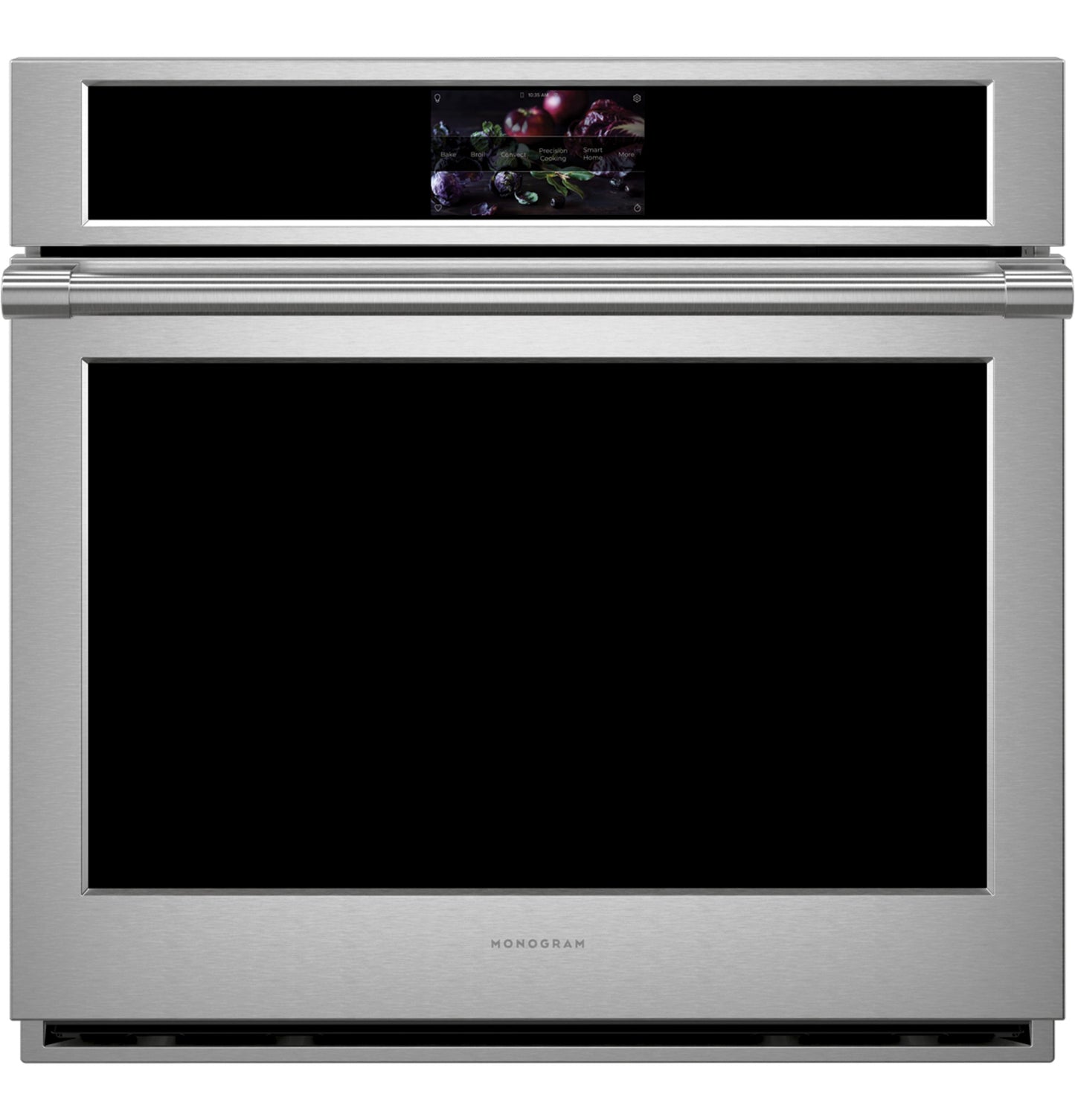 Modern stainless steel single wall oven with touchscreen display from kitchen and appliances collection