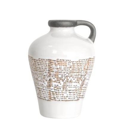 Ceramic black and white decorative vase with textured brown pattern and handle for home and garden decor