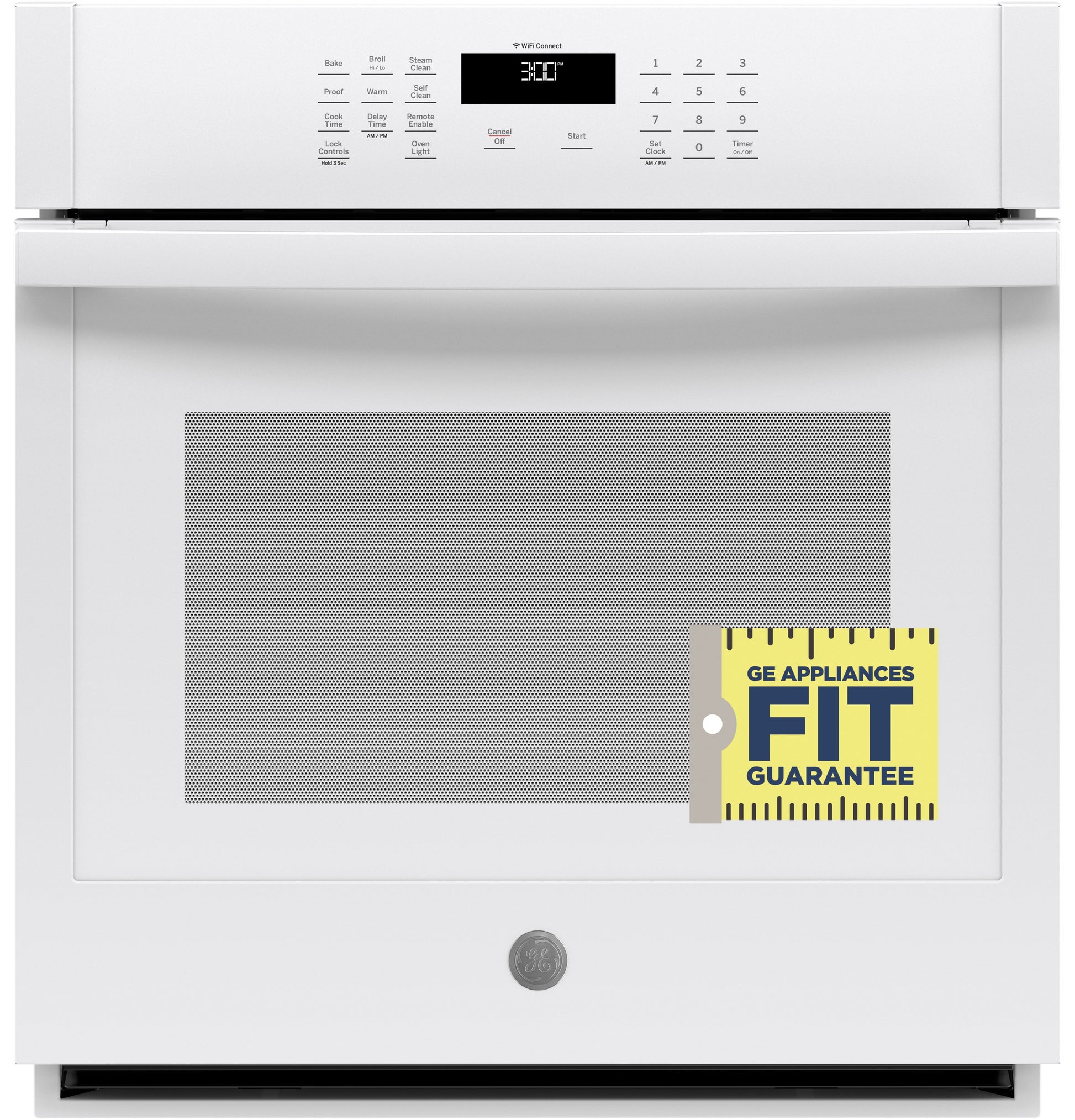 White built-in single wall oven with digital controls and GE Appliances Fit Guarantee label in kitchen appliance collection