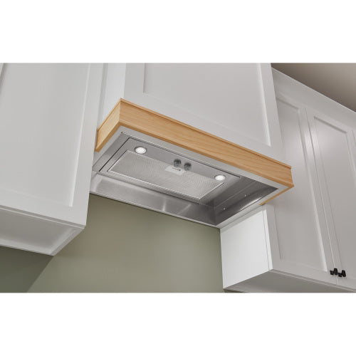 Under-cabinet stainless steel range hood insert with LED lights and dual control knobs for modern kitchens