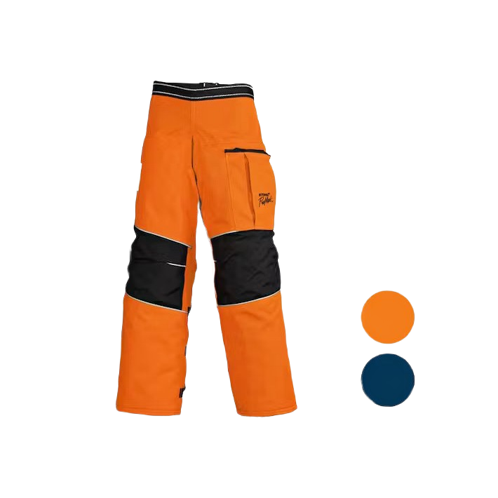 High-visibility orange and black protective chaps designed for safety in tools and home improvement tasks