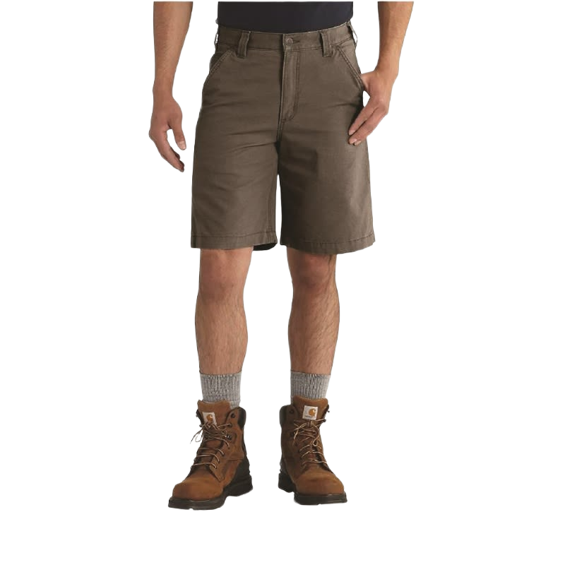 Men’s relaxed fit brown Rigby shorts in durable cotton-spandex canvas with stretch for comfort and mobility
