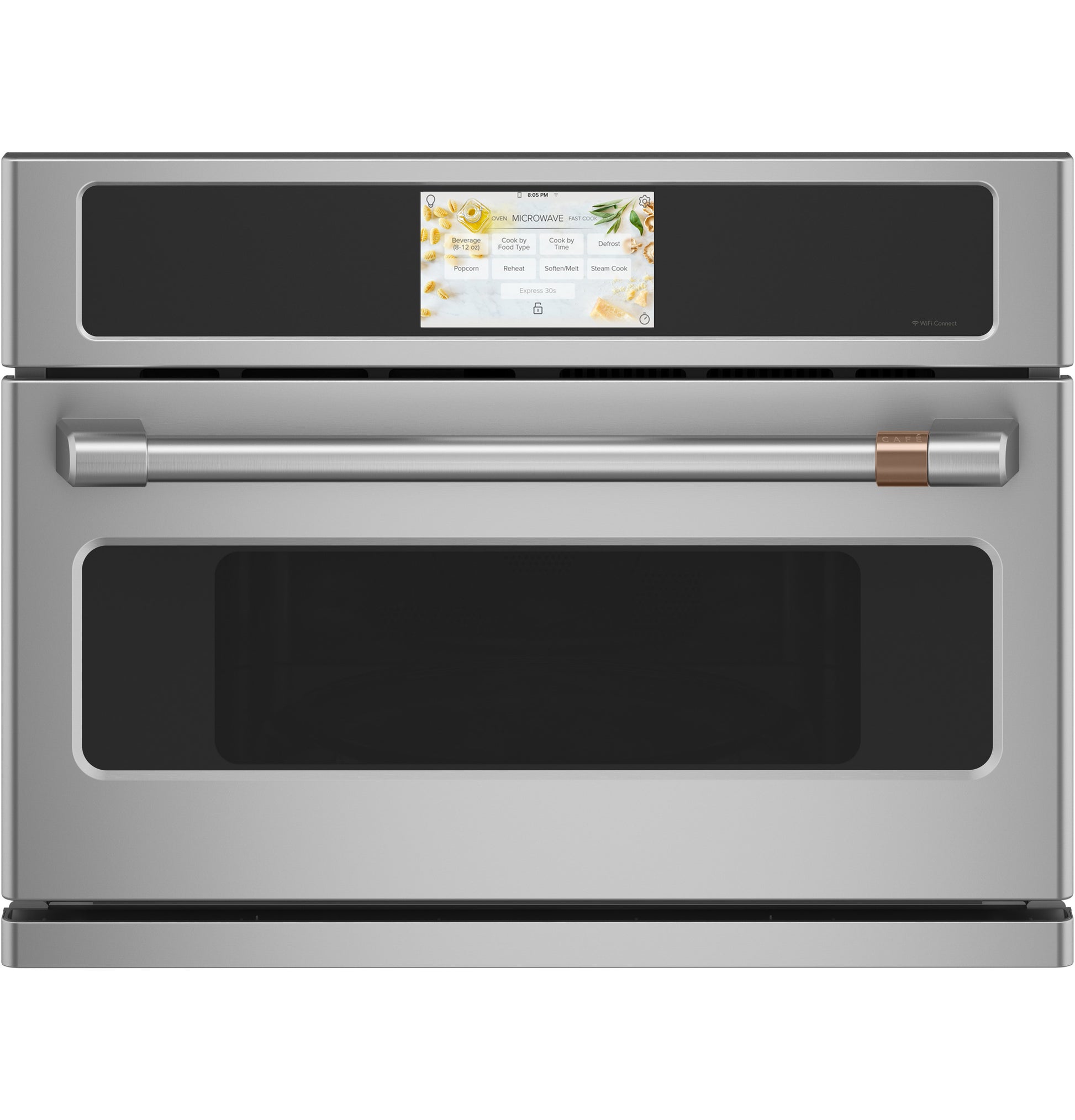 Stainless steel built-in microwave convection oven with touch screen and metal handle in kitchen appliances collection