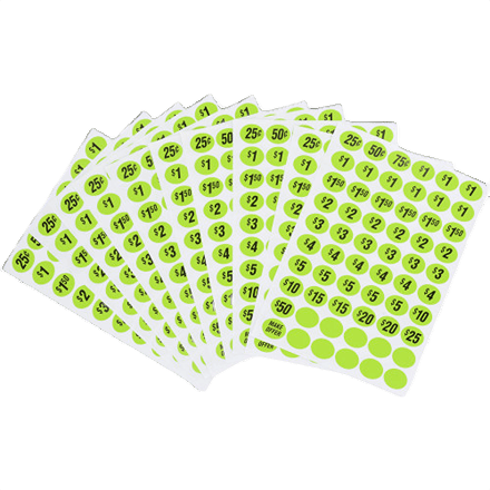 Sheets of bright green pre-priced garage sale labels with various dollar amounts in Hardware and Home Improvement collections under $50