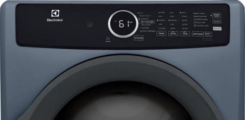 Close-up of the digital control panel and circular display on an Electrolux front-load electric dryer in dark finish, featured in Dryers and Electric Dryers at Hartville Hardware.