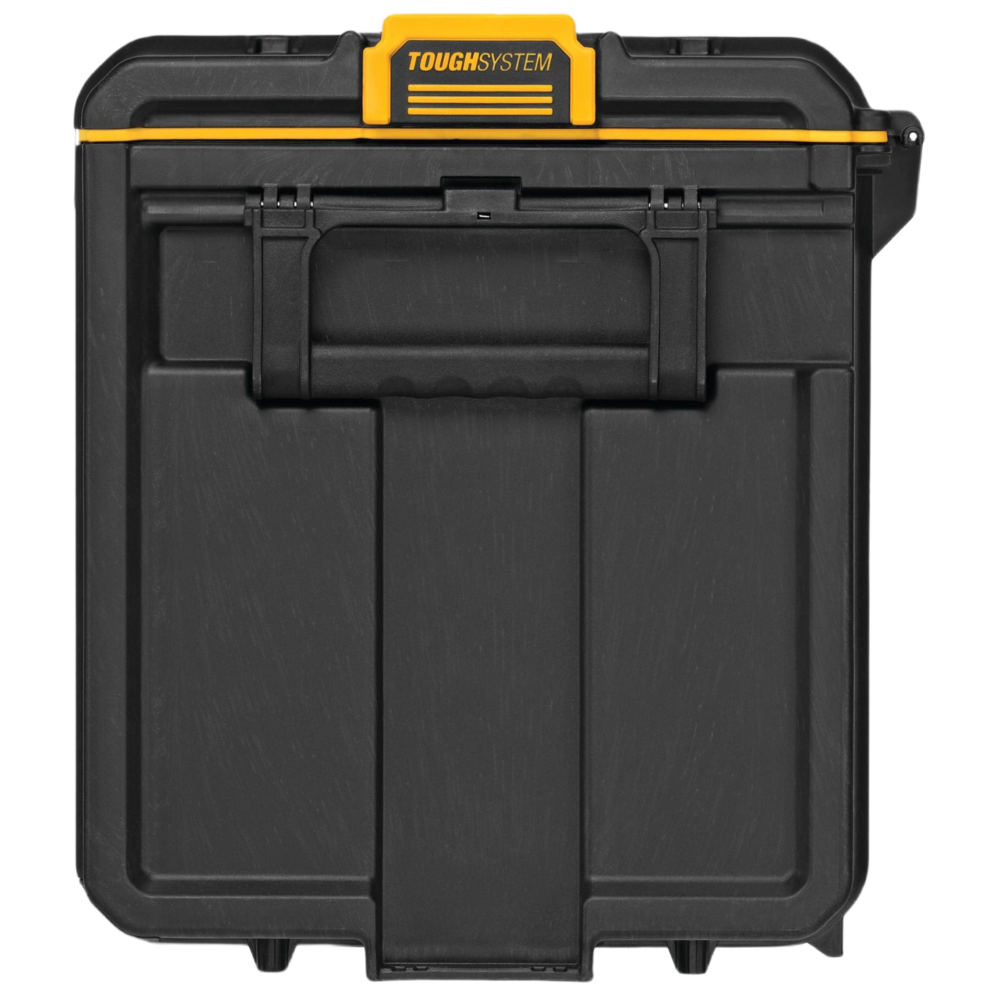 Compact black and yellow tough storage case with sturdy handle for jobsite tool organization and workshop use