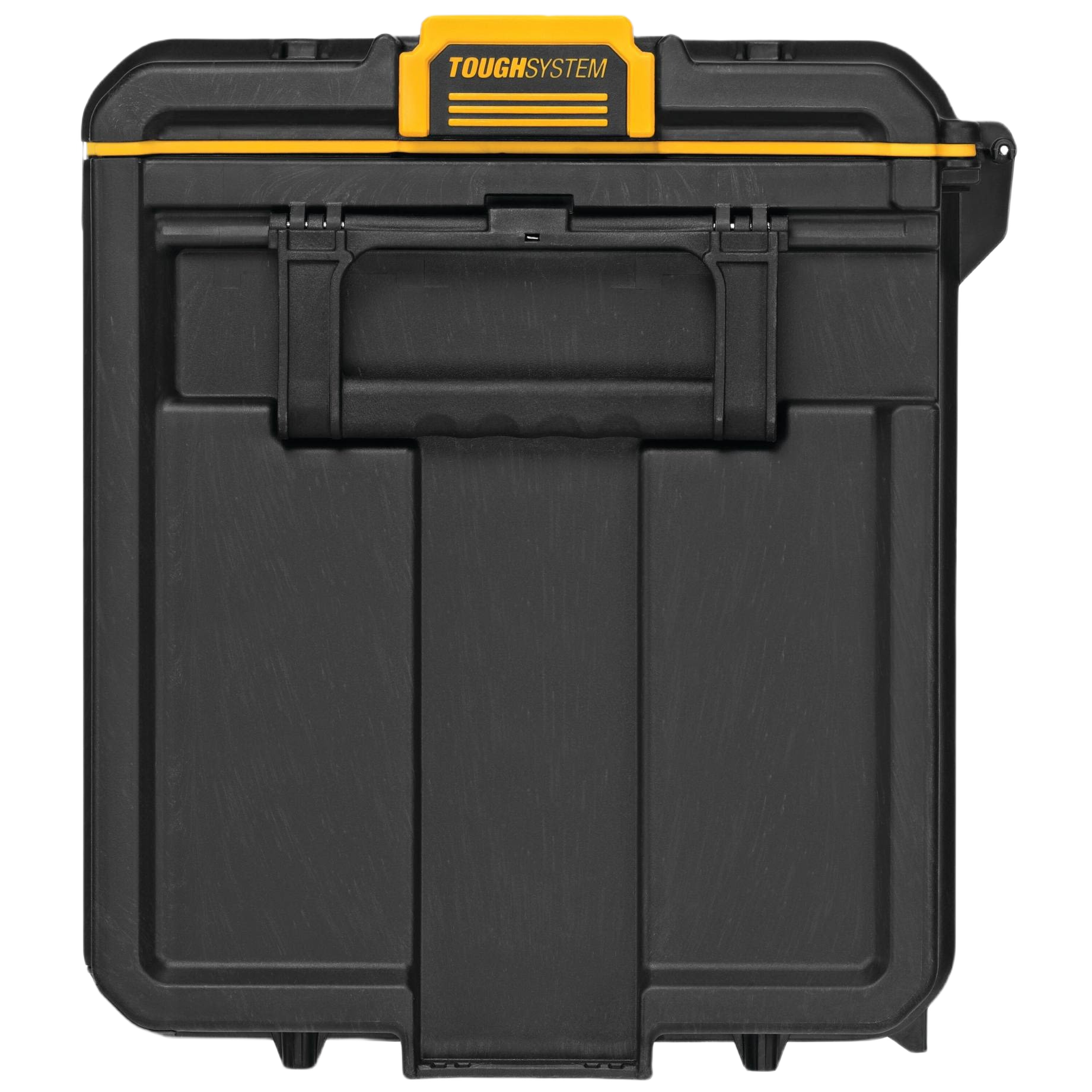 Compact black and yellow tough storage case with sturdy handle for jobsite tool organization and workshop use