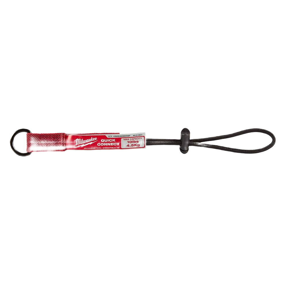 Red quick-connect tool lanyard with 10-lb capacity loop and ring, part of Milwaukee safety hardware collection under $50
