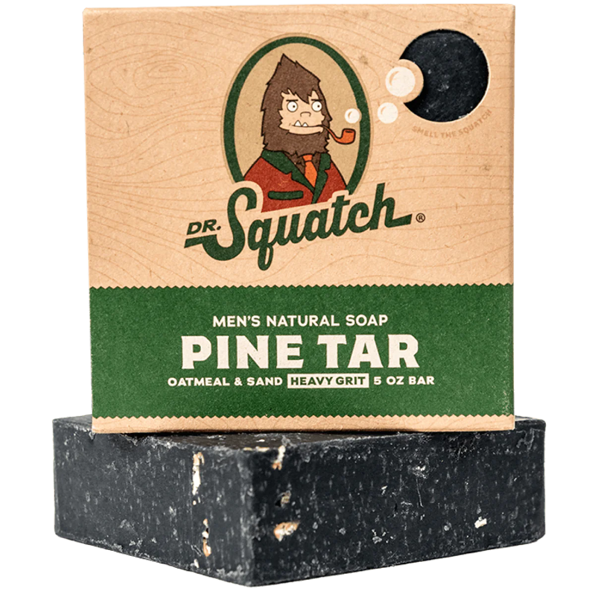 Natural men's soap bar with pine tar scent, heavy grit texture, and oatmeal and sand ingredients for cleansing use
