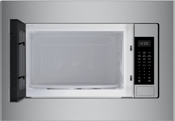 Open built-in stainless steel microwave with left side-opening door and digital control panel in Bosch kitchen appliances collection