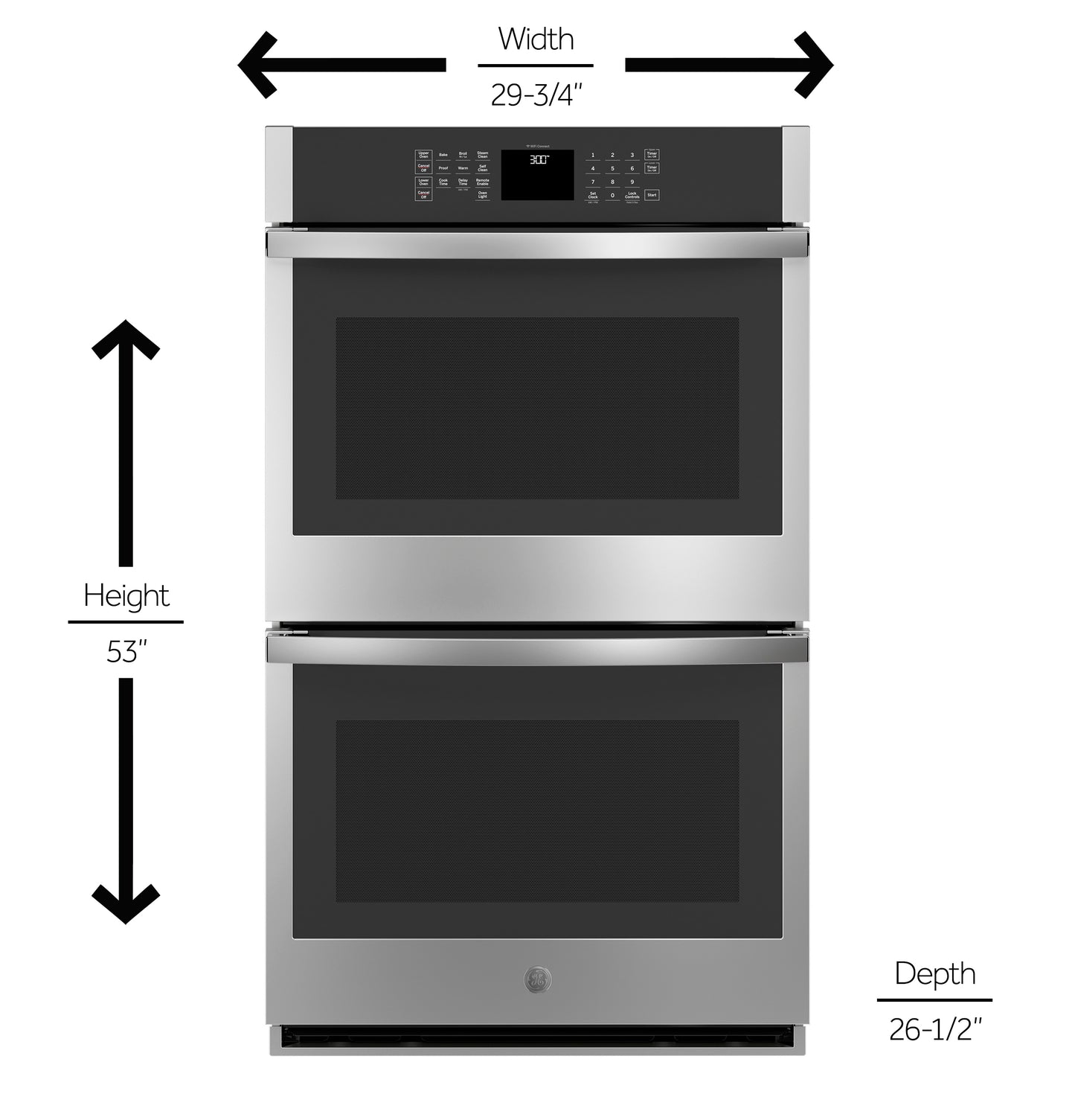 Front view technical illustration with installation dimensions for stainless steel double wall oven appliance
