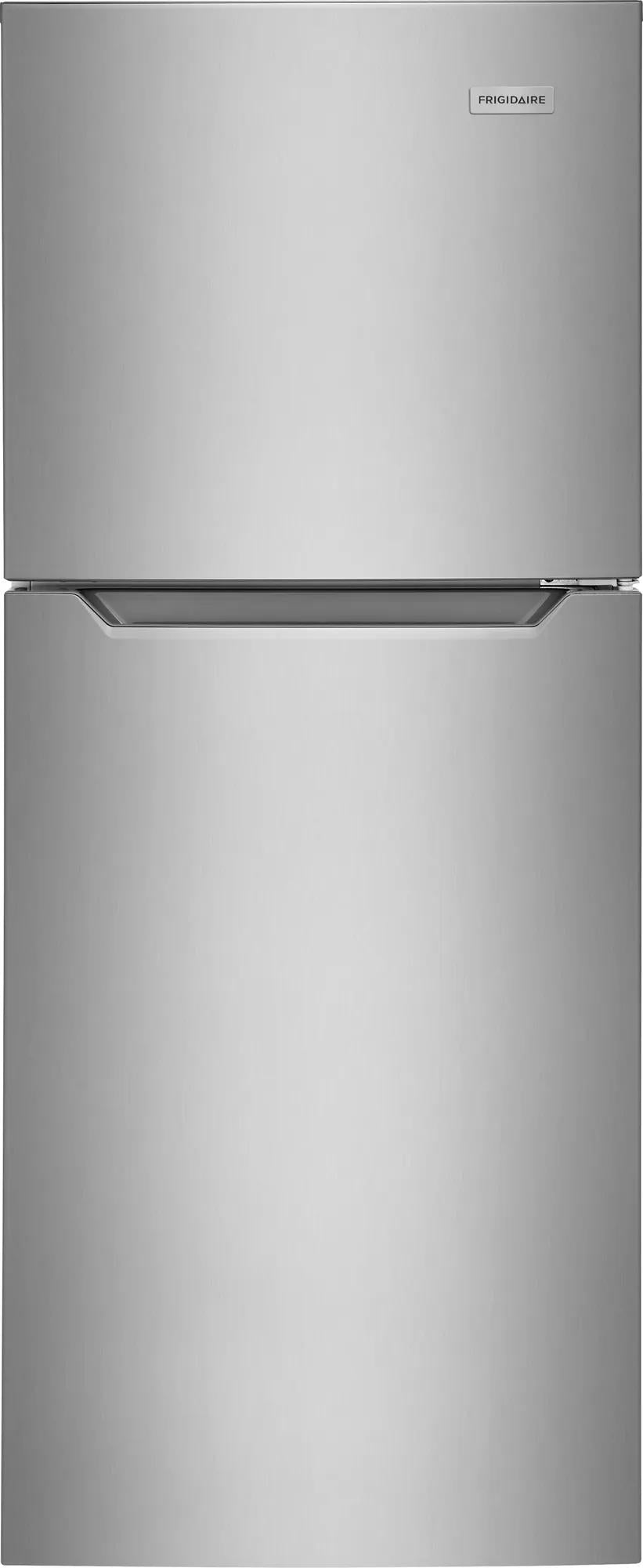 Stainless steel top freezer refrigerator with recessed handle and smooth finish in kitchen appliances collection