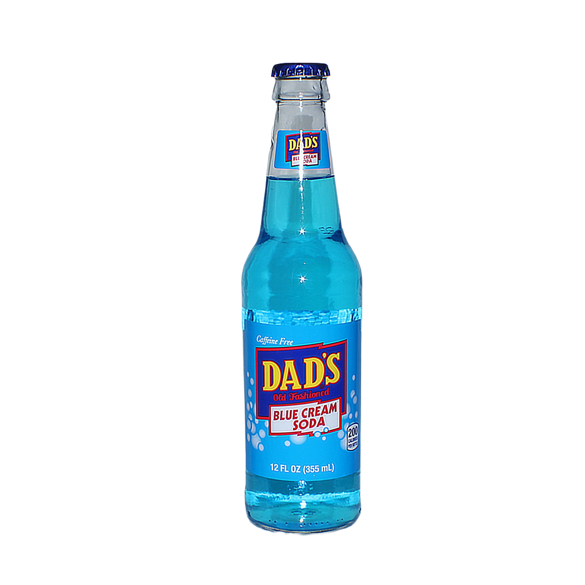 Clear glass bottle of Dad's blue cream soda with vintage label in food and beverage drink collection under $25