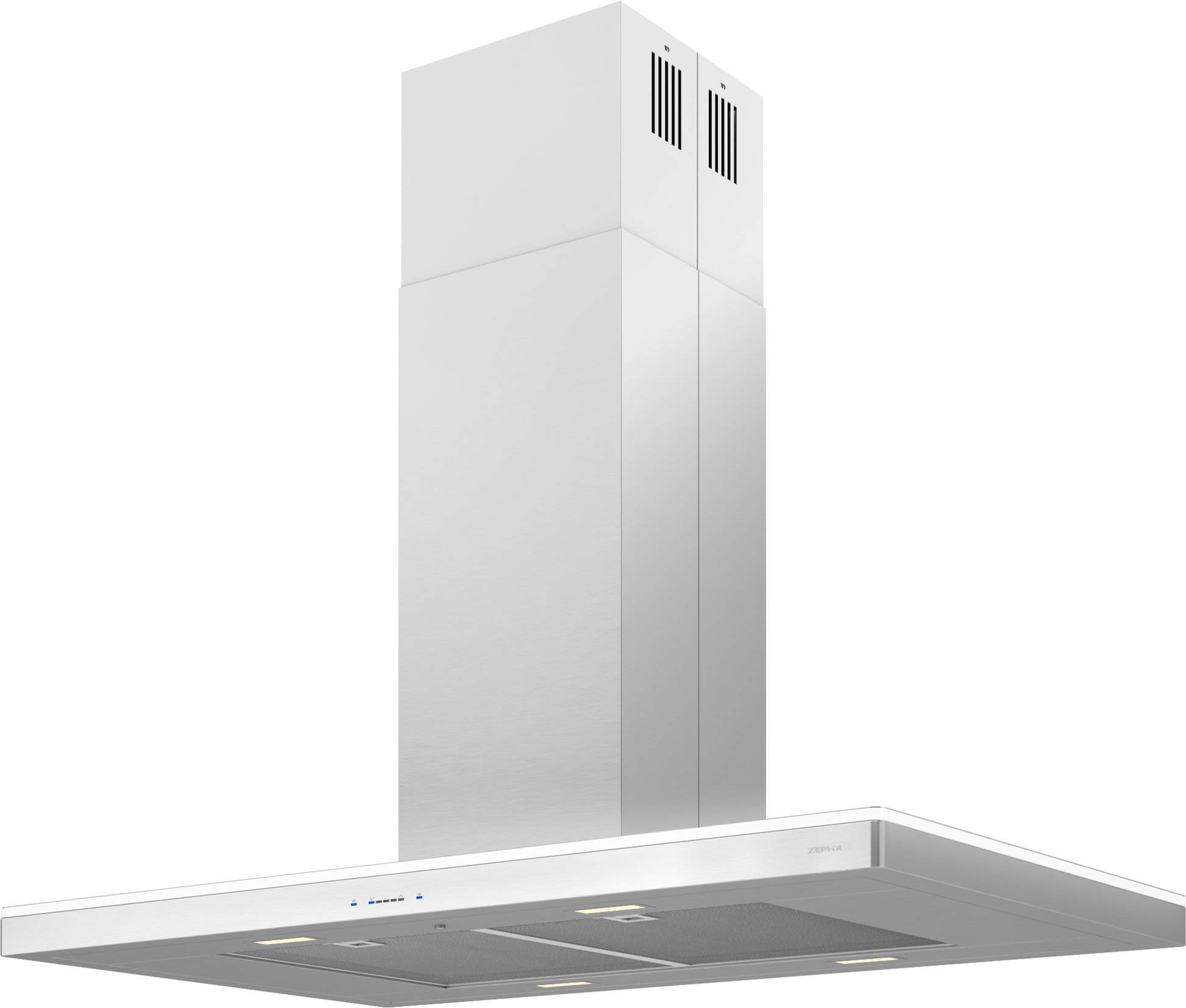 42-inch stainless steel island range hood with ambient LED lighting in kitchen and appliances collection