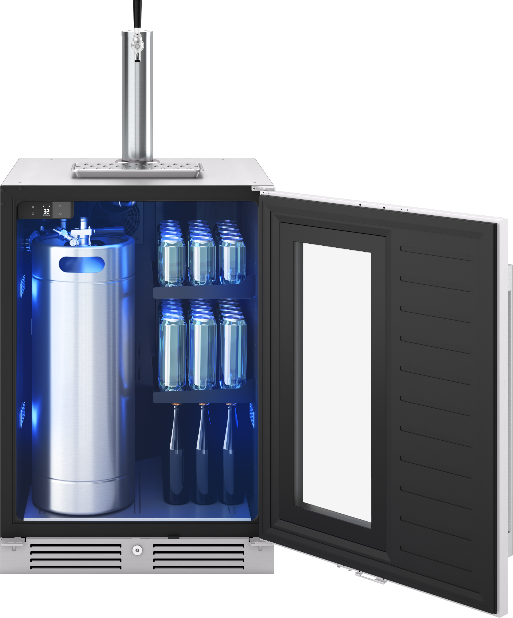Stainless steel kegerator and beverage cooler with glass door, adjustable shelving, and tap dispenser in kitchen appliances collection