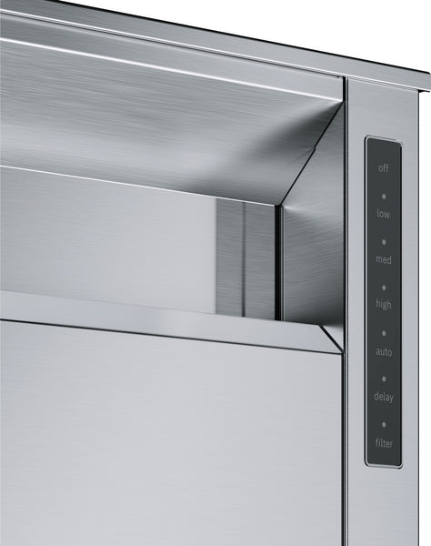stainless steel downdraft ventilation system control panel with multiple fan speed settings for kitchen improvement