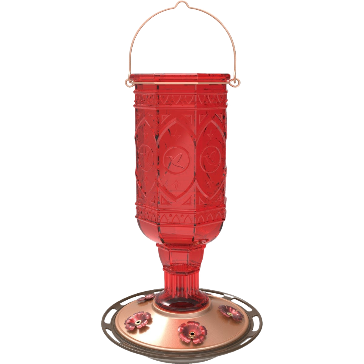 Red glass hummingbird feeder with decorative patterns and copper-toned base for outdoor bird feeding
