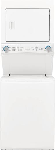 White electric stacked laundry center with front-load dryer and top-load washer featuring control knobs, part of appliance laundry centers at Hartville Hardware.