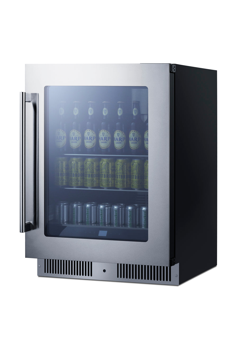 Built-in beverage center with stainless steel frame and glass door showing multiple shelves stocked with bottles and cans