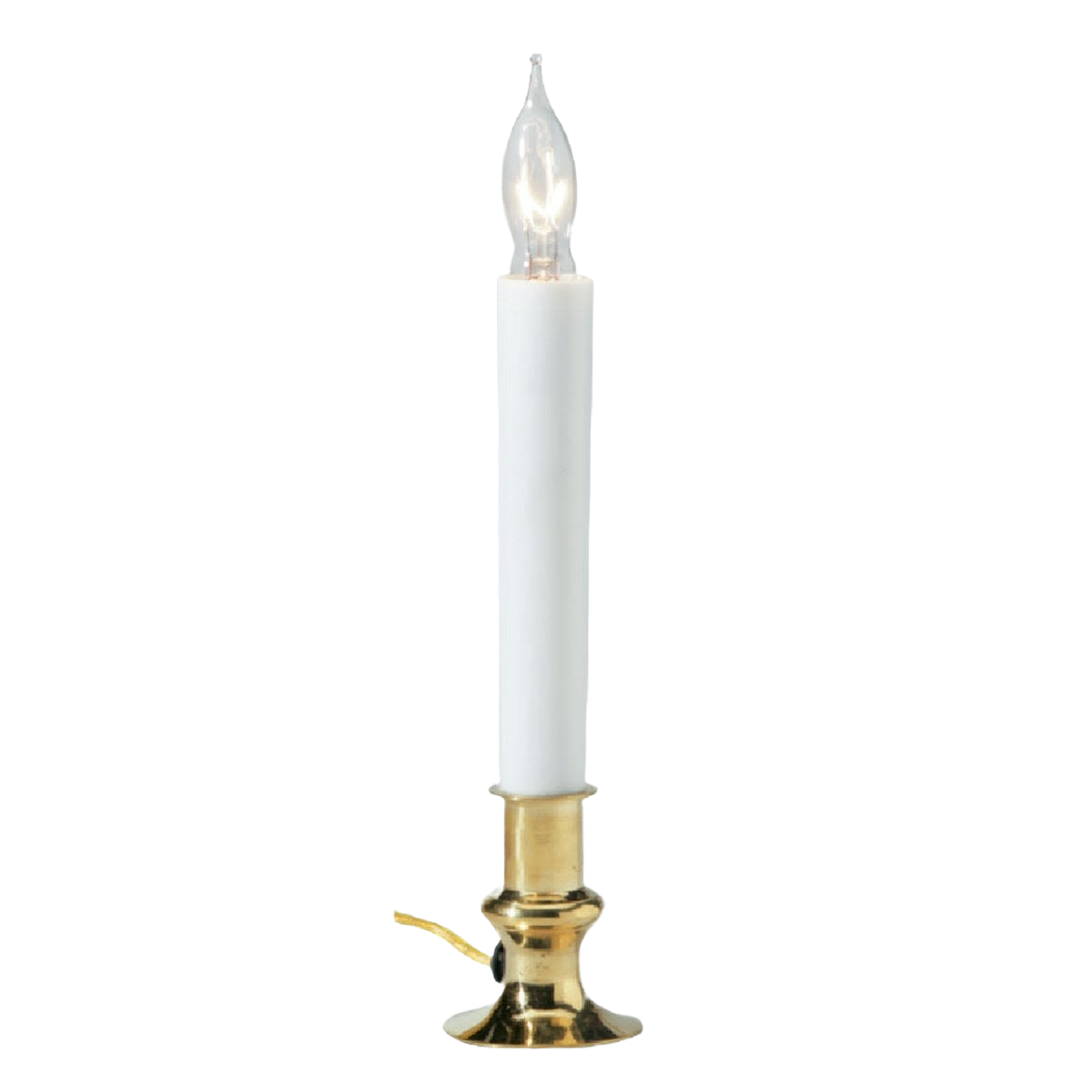 White electric candle with clear bulb and polished brass base for elegant home decoration and lighting