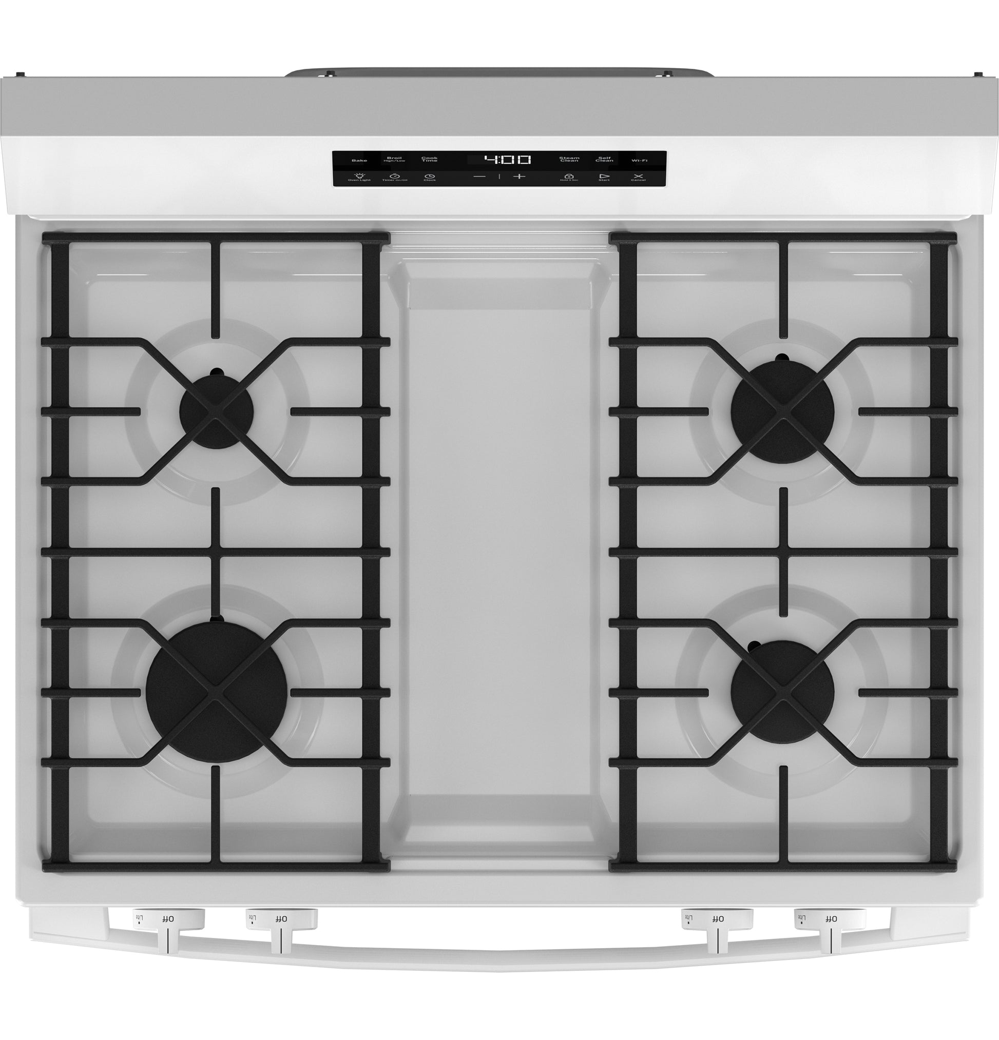 Top view of white free-standing gas range with four burners and digital control panel for kitchen improvement.
