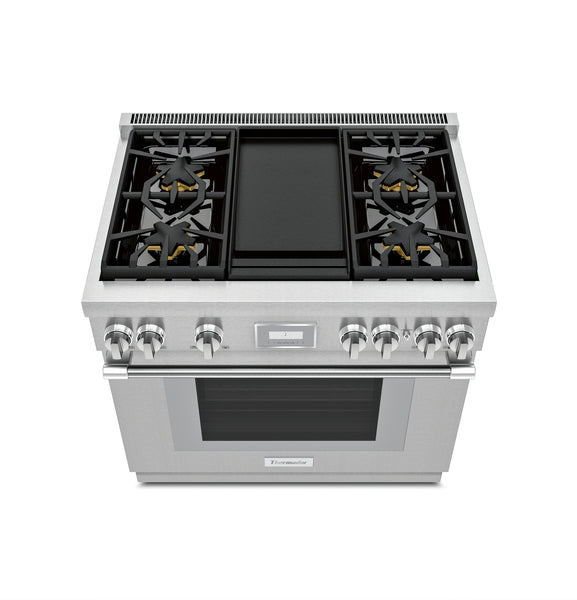 Stainless steel 36-inch gas range with six burners, central griddle, control knobs, and digital display from Thermador collection