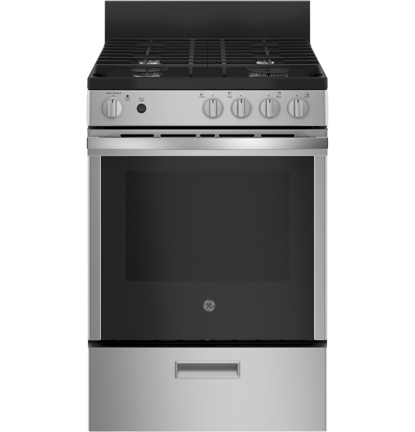 Free-standing stainless steel gas range with control knobs and large oven window for kitchen and appliance collections