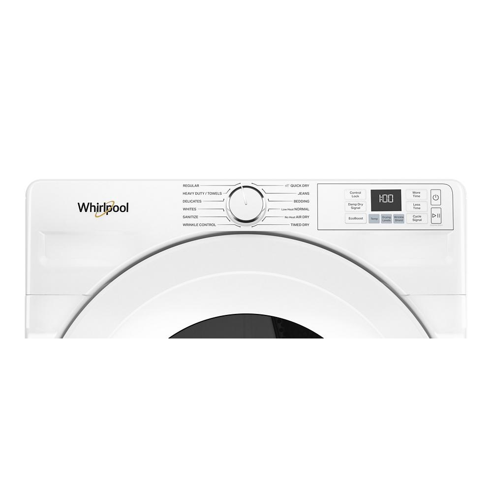 Top control panel of white front load electric dryer with digital display and multiple drying cycle options for home use
