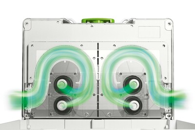 Transparent view of airflow system inside a Festool Bluetooth speaker case for tools and home improvement projects