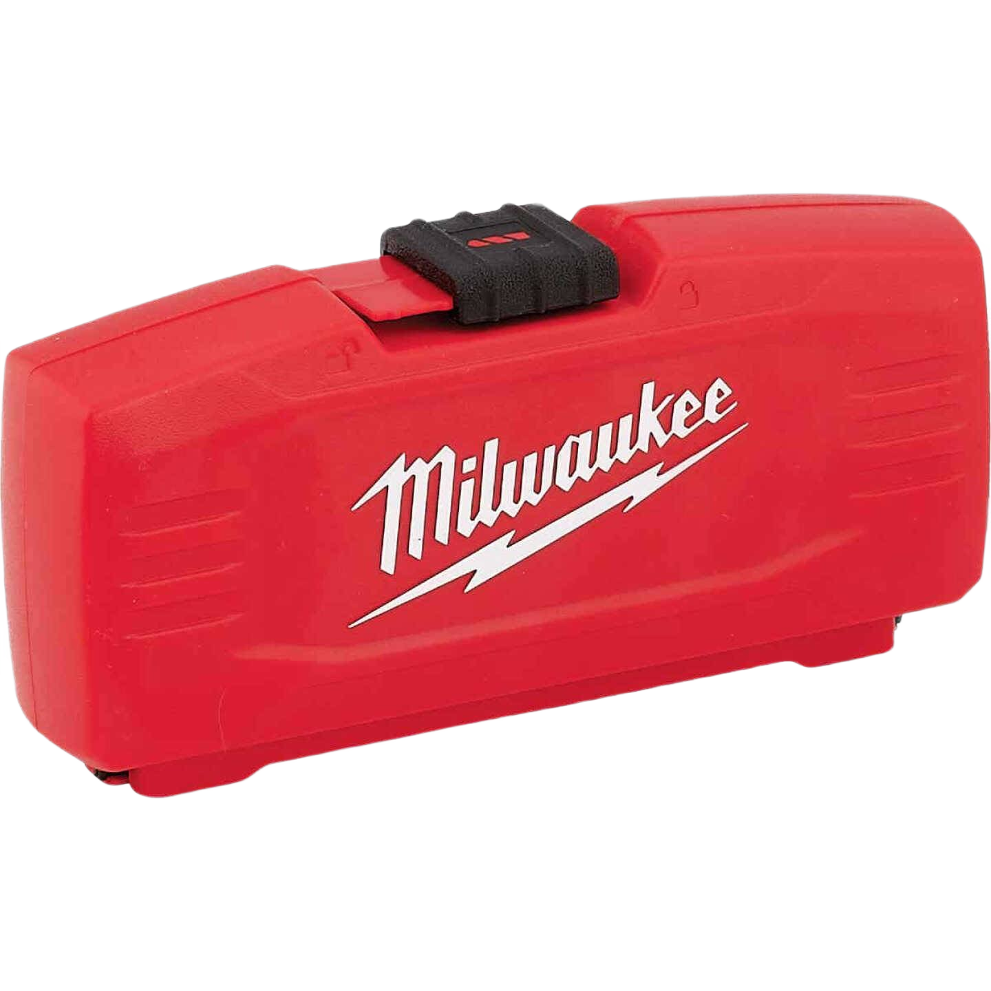 Red hard plastic drill bit carrying case with secure black latch for tool accessories and power tool collections