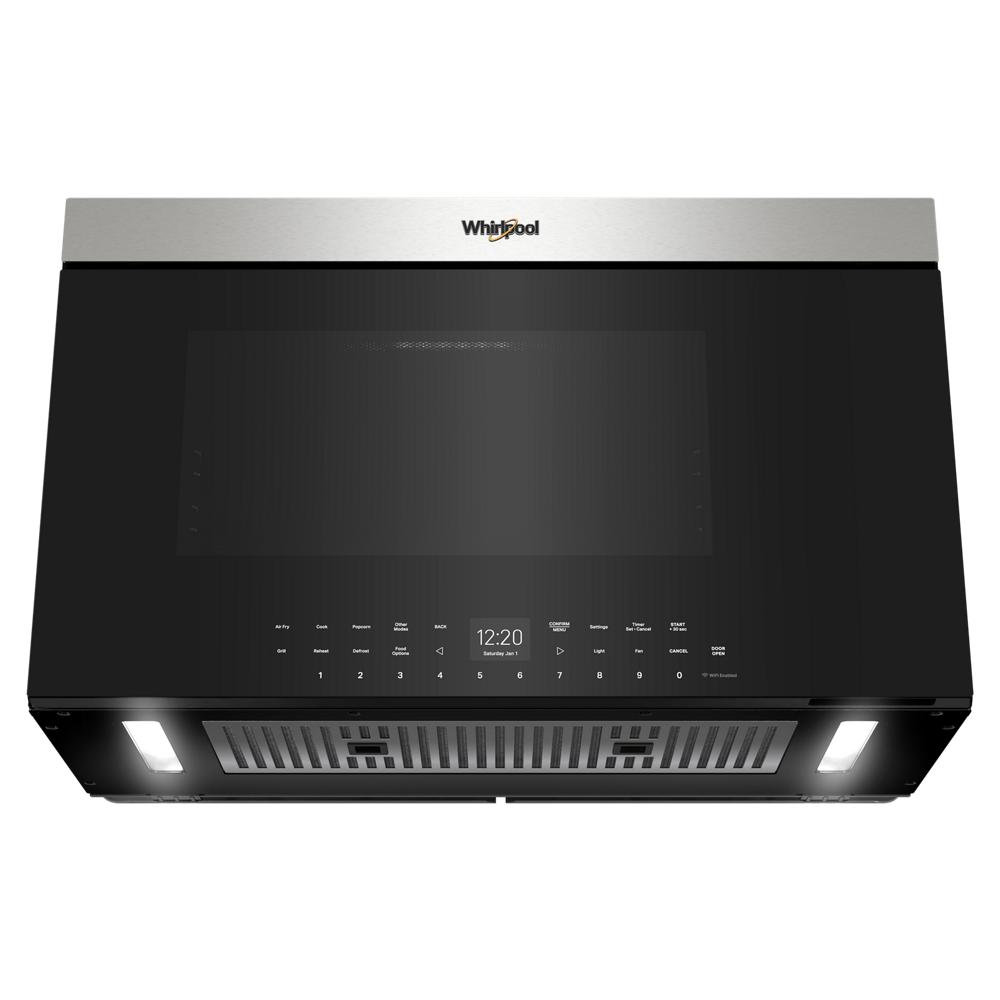 Black and stainless steel built-in air fry microwave with digital display and vent lights in Over the Range Microwaves collection