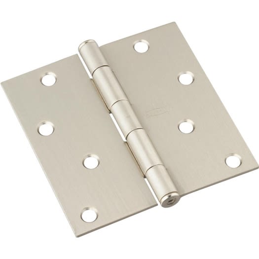 4-inch square satin nickel door hinge with removable pin for residential door hardware and home improvement projects
