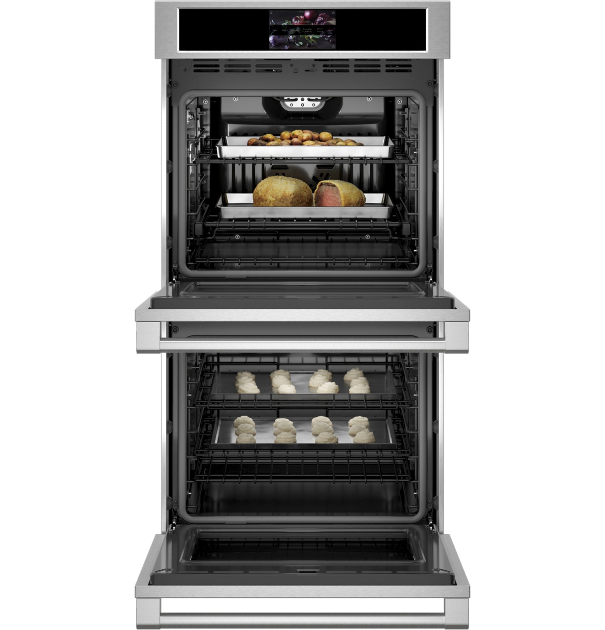 Stainless steel double wall oven with open doors showing baking trays in modern kitchen appliance collection