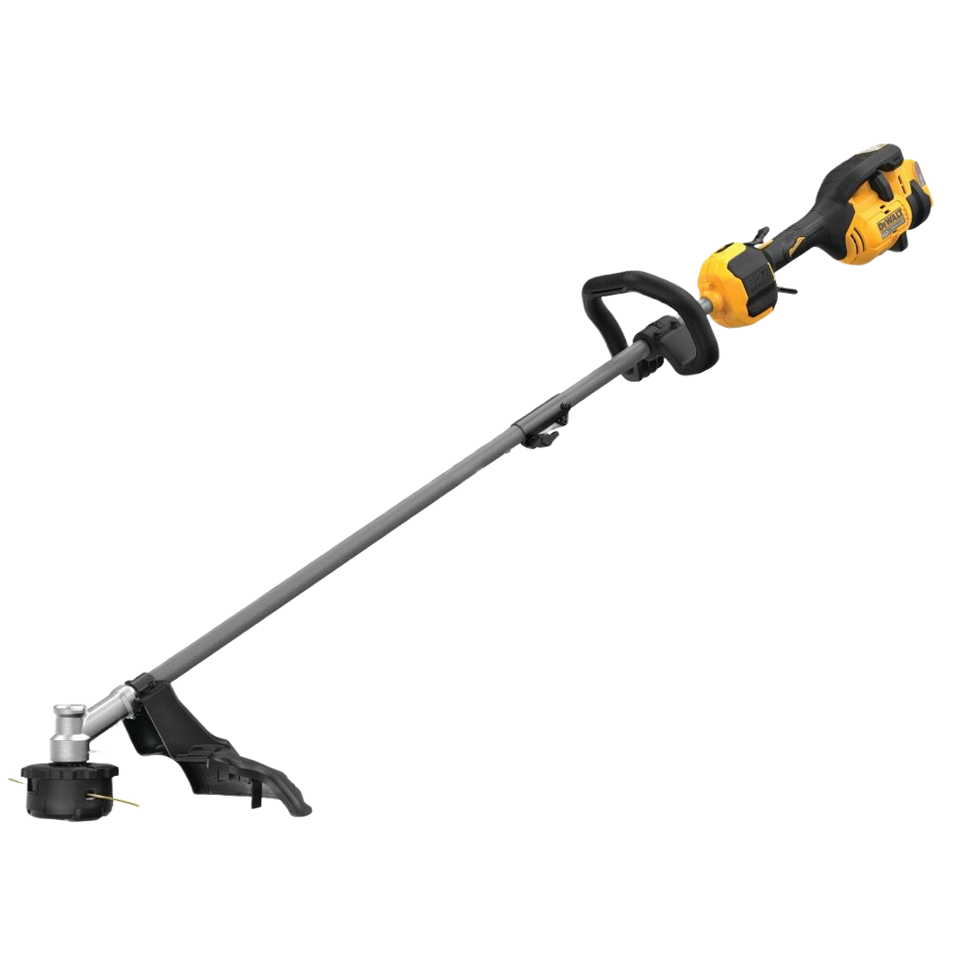 Cordless yellow and black 60V string trimmer with attachment capability for landscaping and home improvement tasks