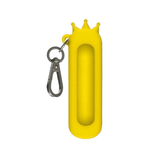 Bright yellow silicone protective case with crown design and metal clip for easy attachment to keys or gear