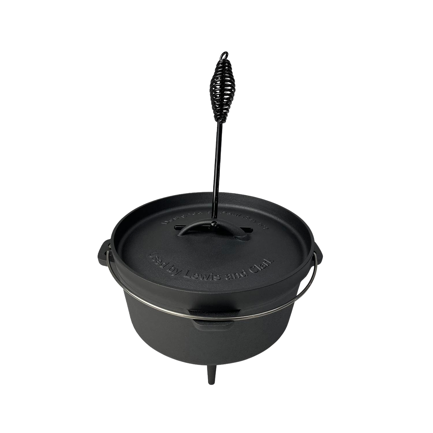 Black nitrogen hardened cast iron camp Dutch oven with lid, handle, and legs for kitchenware and outdoor cooking collections