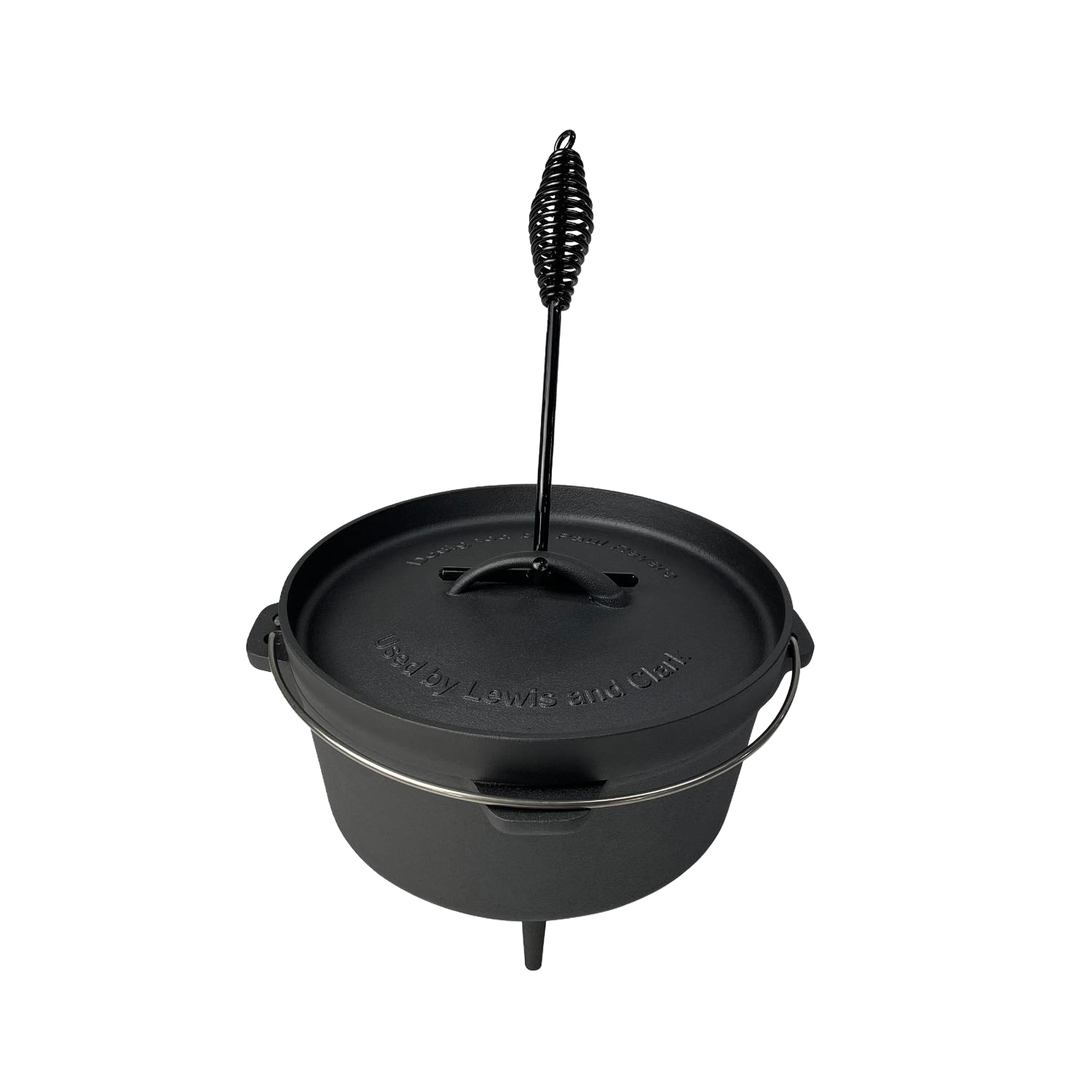 Black nitrogen hardened cast iron camp Dutch oven with lid, handle, and legs for kitchenware and outdoor cooking collections