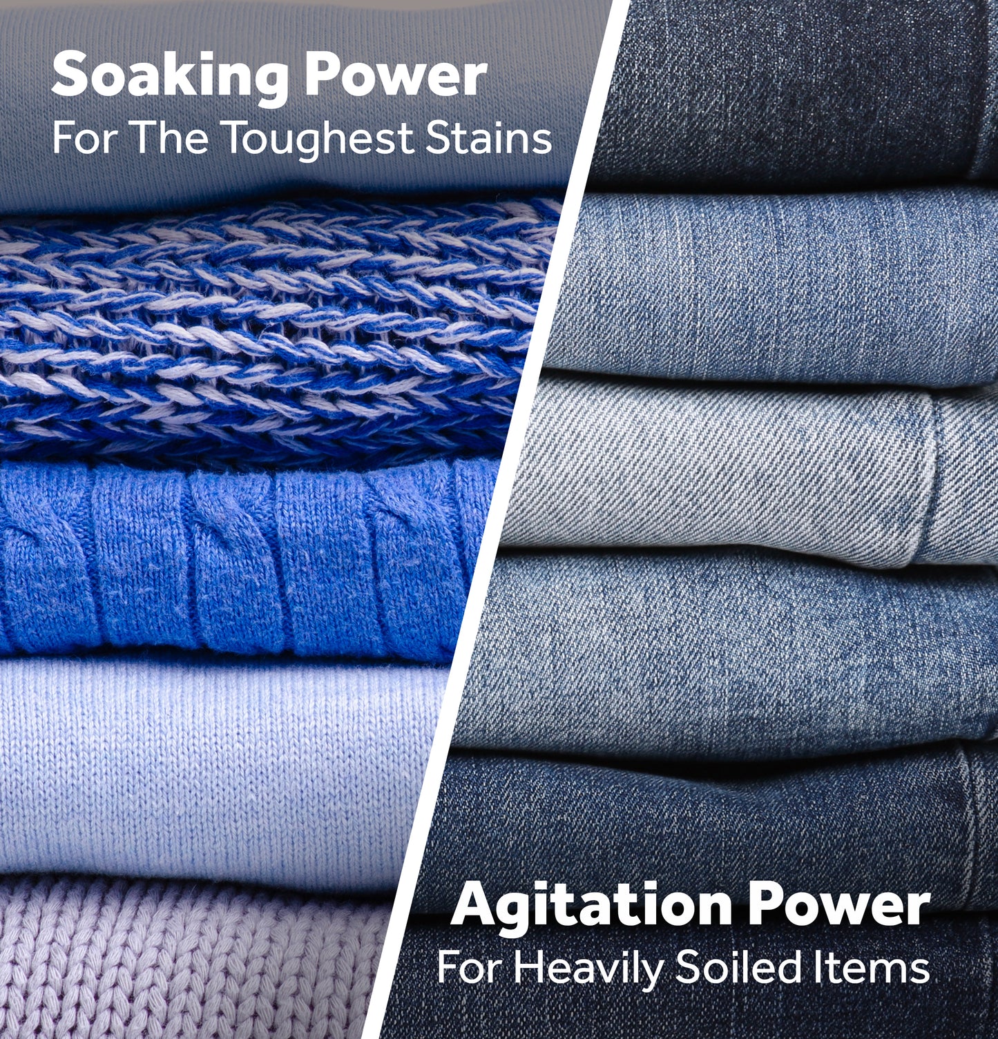 Close-up of folded blue and gray knit and denim fabrics illustrating soaking and agitation power for stain removal.