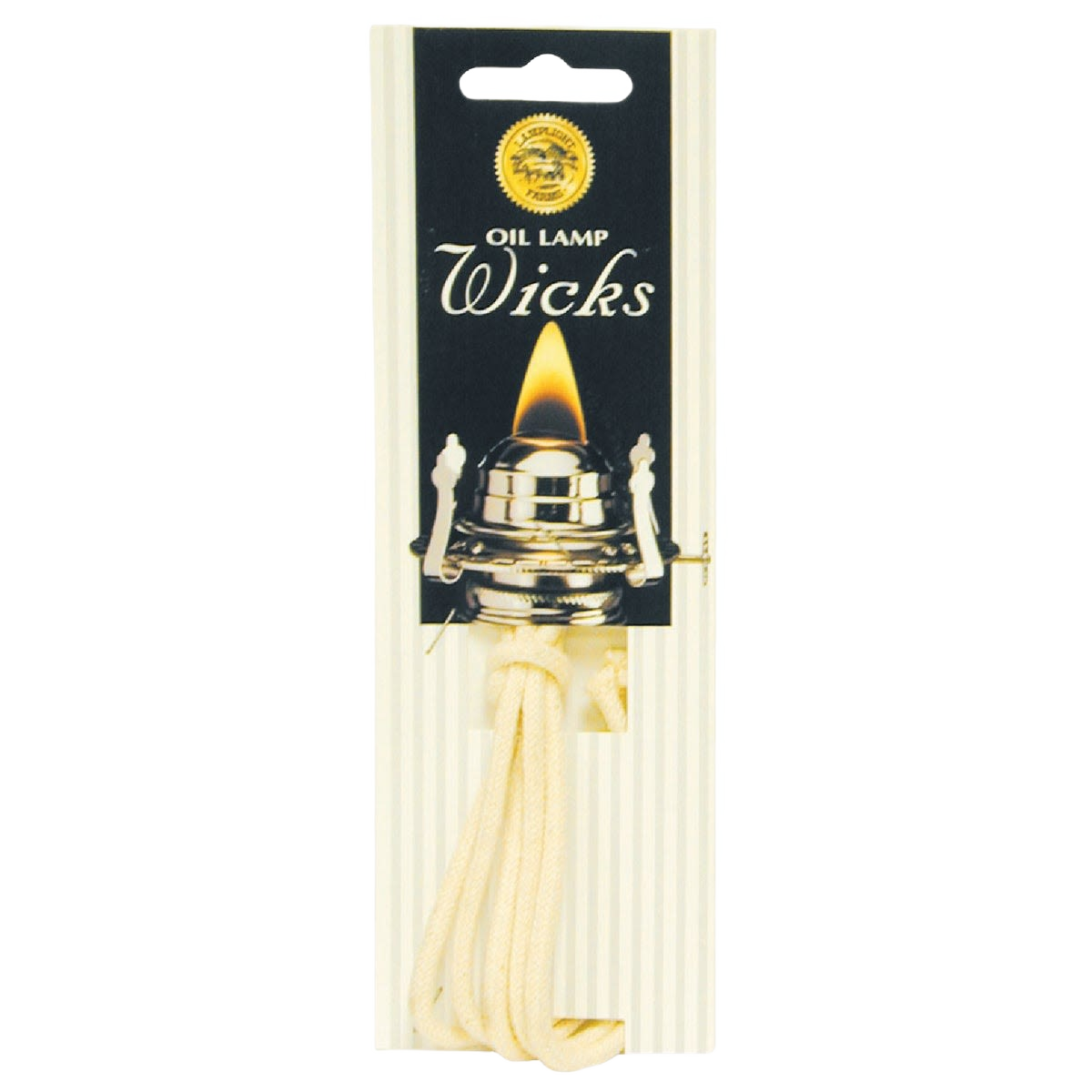 Packaged bundle of braided cotton oil lamp wicks with black label featuring flame illustration for home use