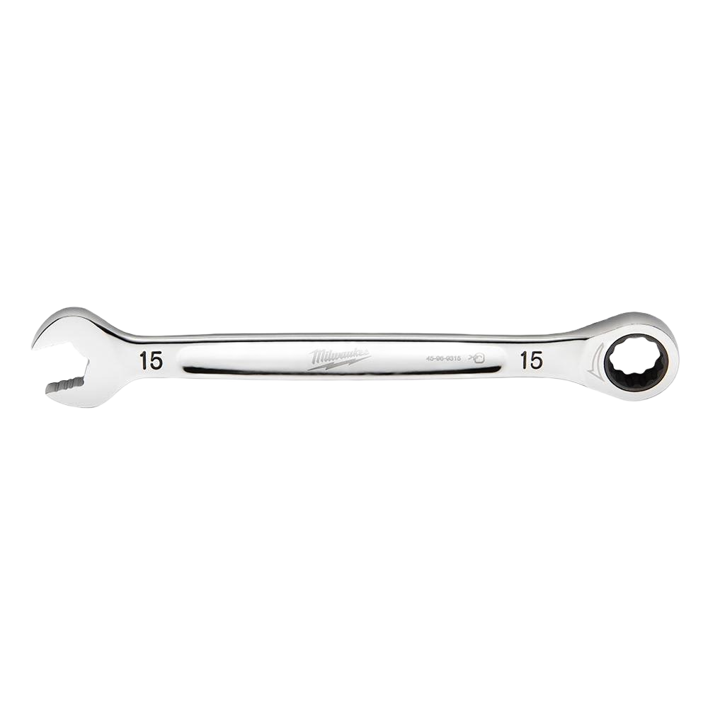 Polished 15-mm metric ratcheting combination wrench for precision tightening and loosening in tools and home improvement tasks
